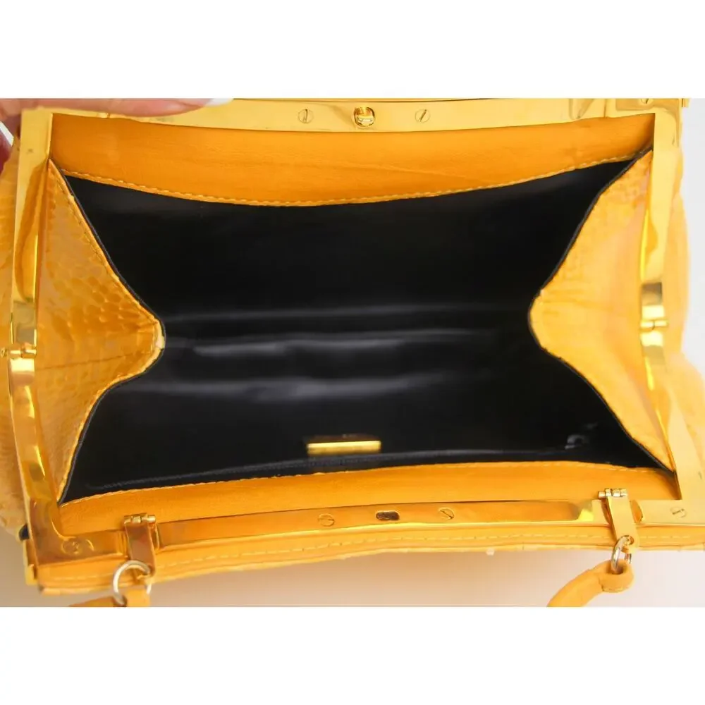 Neiman Marcus ITALY YELLOW SNAKE SKIN FRAME X-BODY SHOULDER BAG CLUTCH PURSE